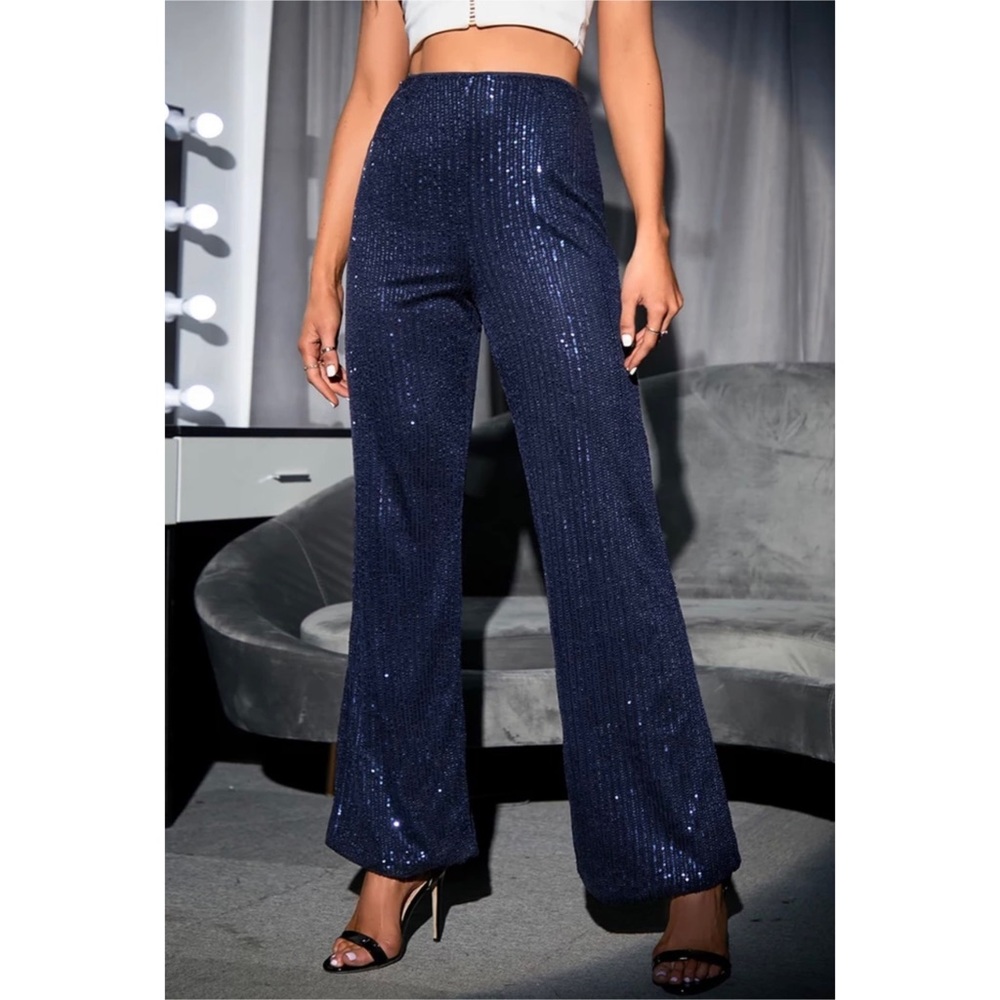 Ooh La Luxe Navy Blue Metallic Midnight Sequin Statement Cocktail Party Pants
